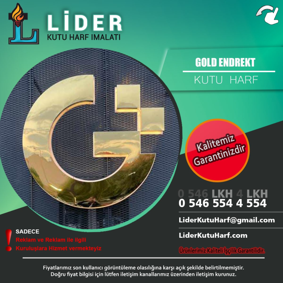 Gold Endrekt Arkadan Aydınlatma Krom Kutu Harf